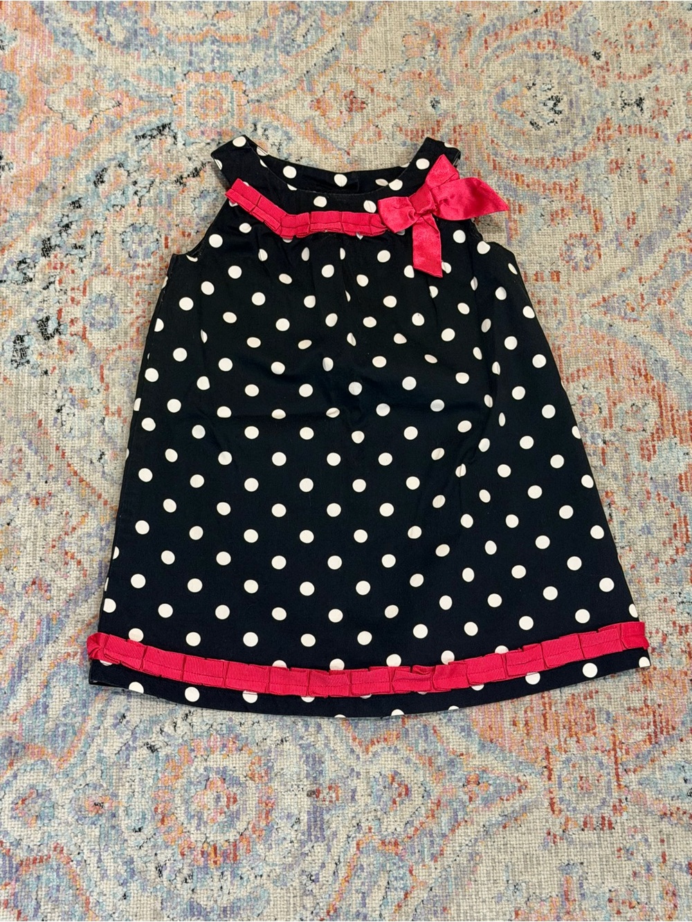 VINTAGE Place 89 Black White Polka Dot Dress Pink Trim Bow Girls 3T